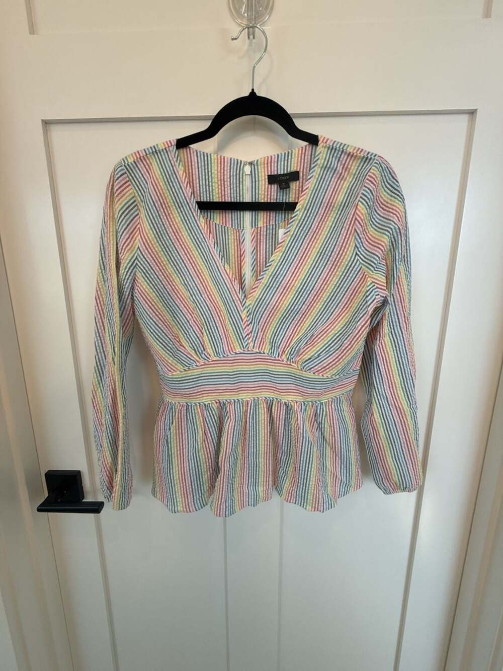 J.Crew Rainbow Striped Seersucker V-Neck Peplum Top